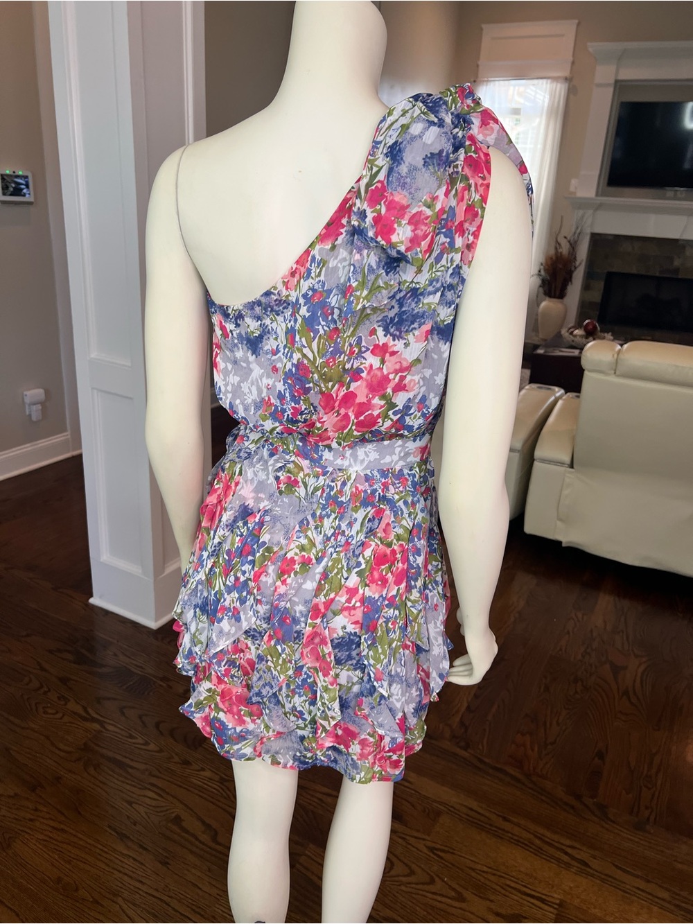 MM Couture One-Shoulder Floral Mini Dress in Pink, Purple, Blue - Picture 8 of 13